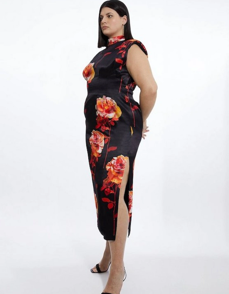 Plus Size Rose Floral Satin Back Crepe Woven Maxi Dress