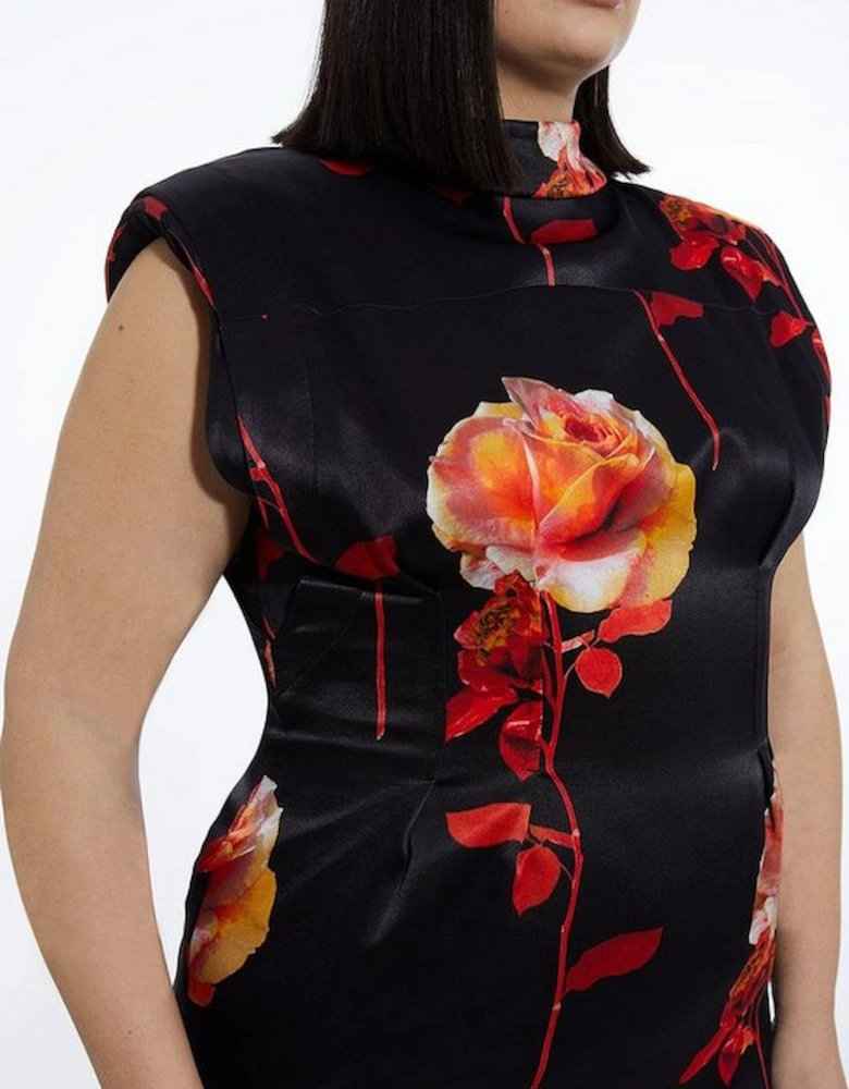Plus Size Rose Floral Satin Back Crepe Woven Maxi Dress