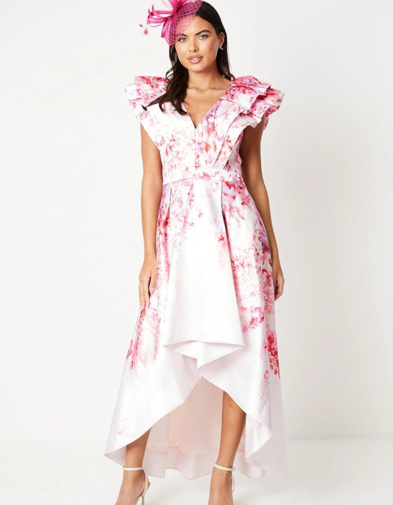 Frill Sleeve V Neck Printed Midi Dress