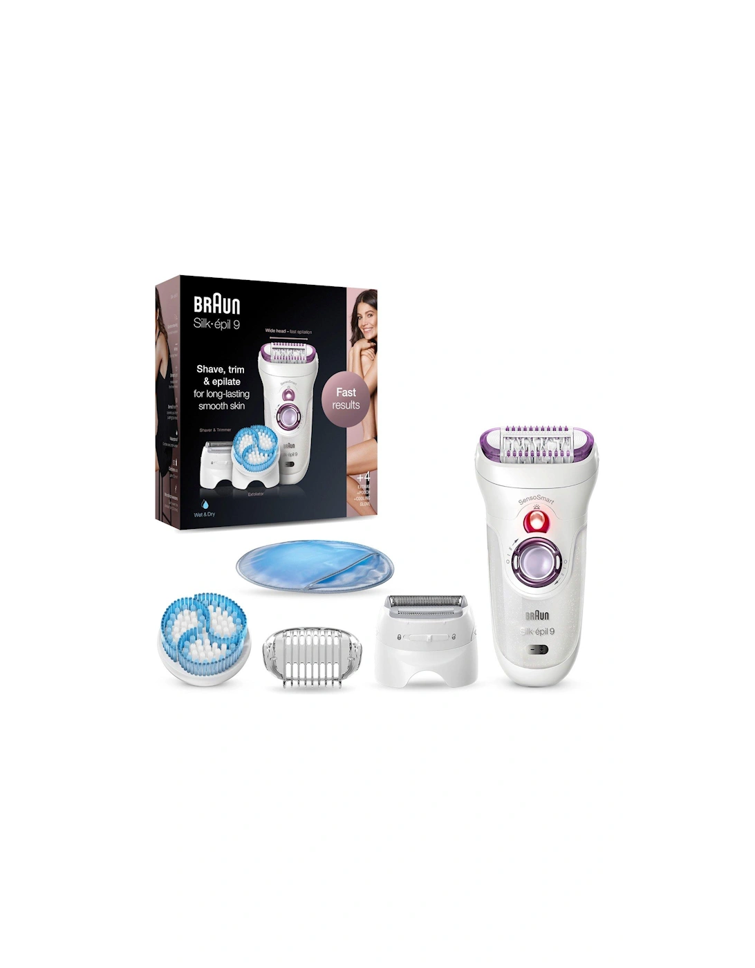 Silk-épil 9, Epilator For Long Lasting Hair Removal, 4 Extras, Pouch, Cooling Glove, 9-735