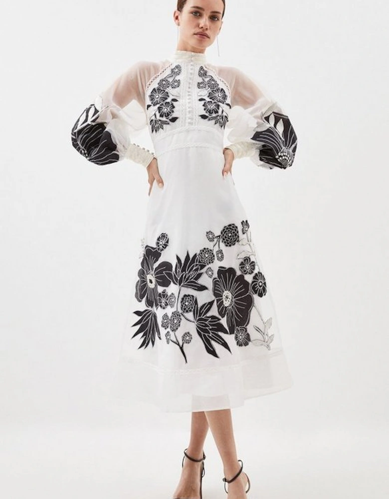 Petite Organdie Applique Buttoned Woven Midi Dress