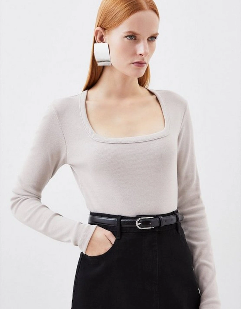 Compact Jersey Rib Square Neck Long Sleeve Top
