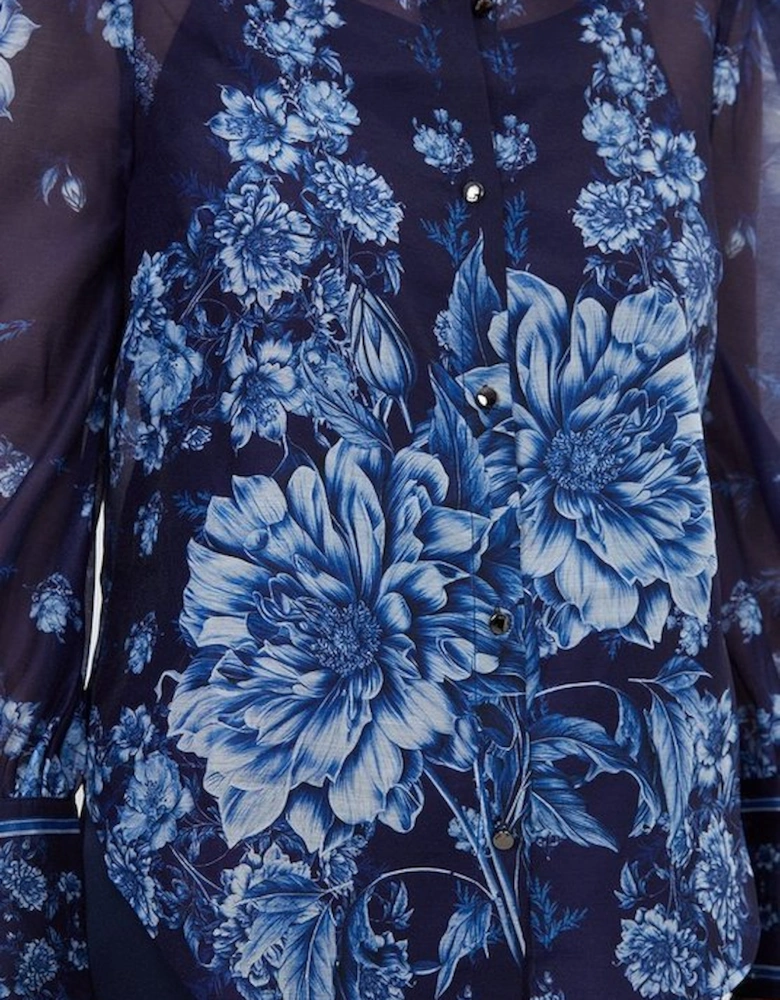 Organdie Floral Placement Print Woven Tie Blouse