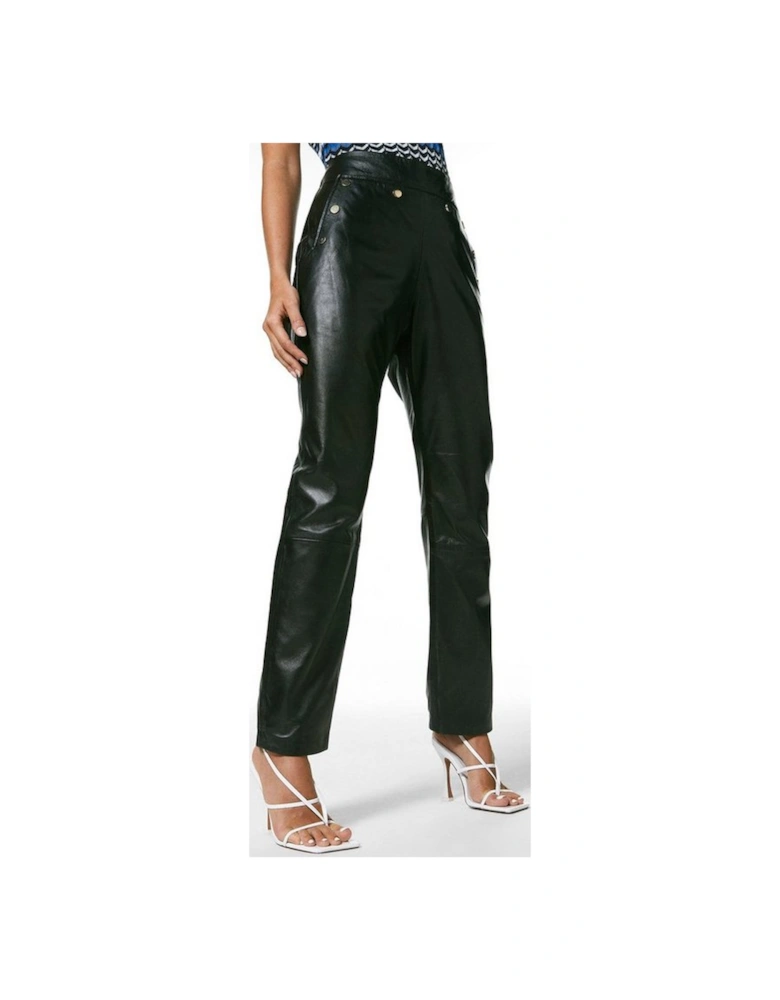 Petite Leather Button Detail Trousers