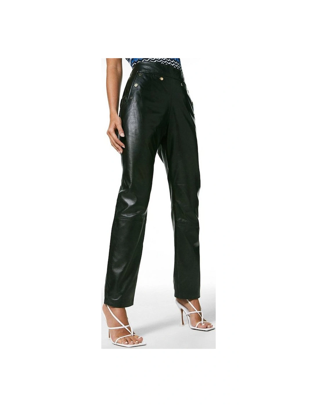 Petite Leather Button Detail Trousers