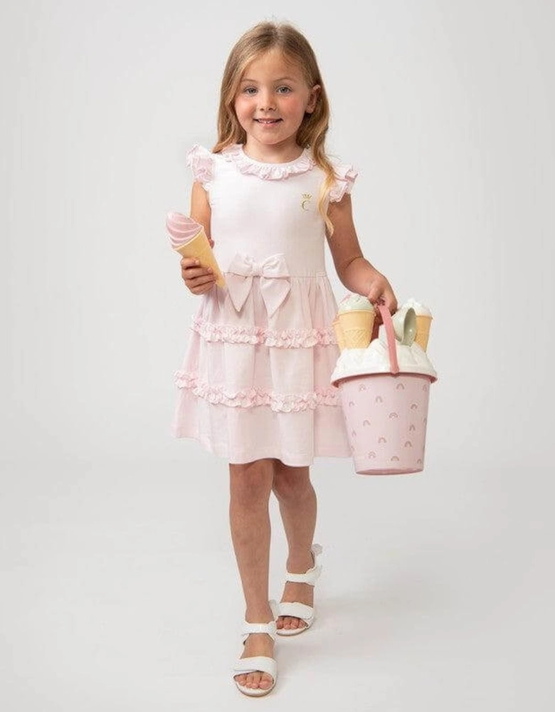 Girls Pink Tiered Frill Dress With Bow