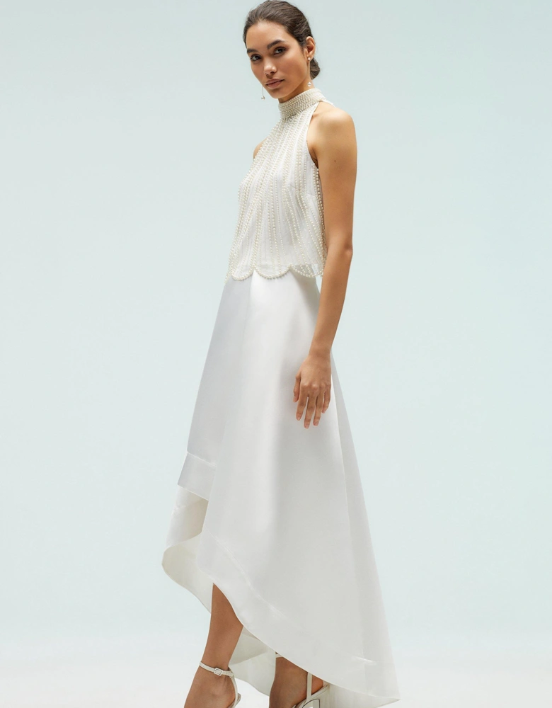 High Low Ivory Structured Twill Midi Skirt