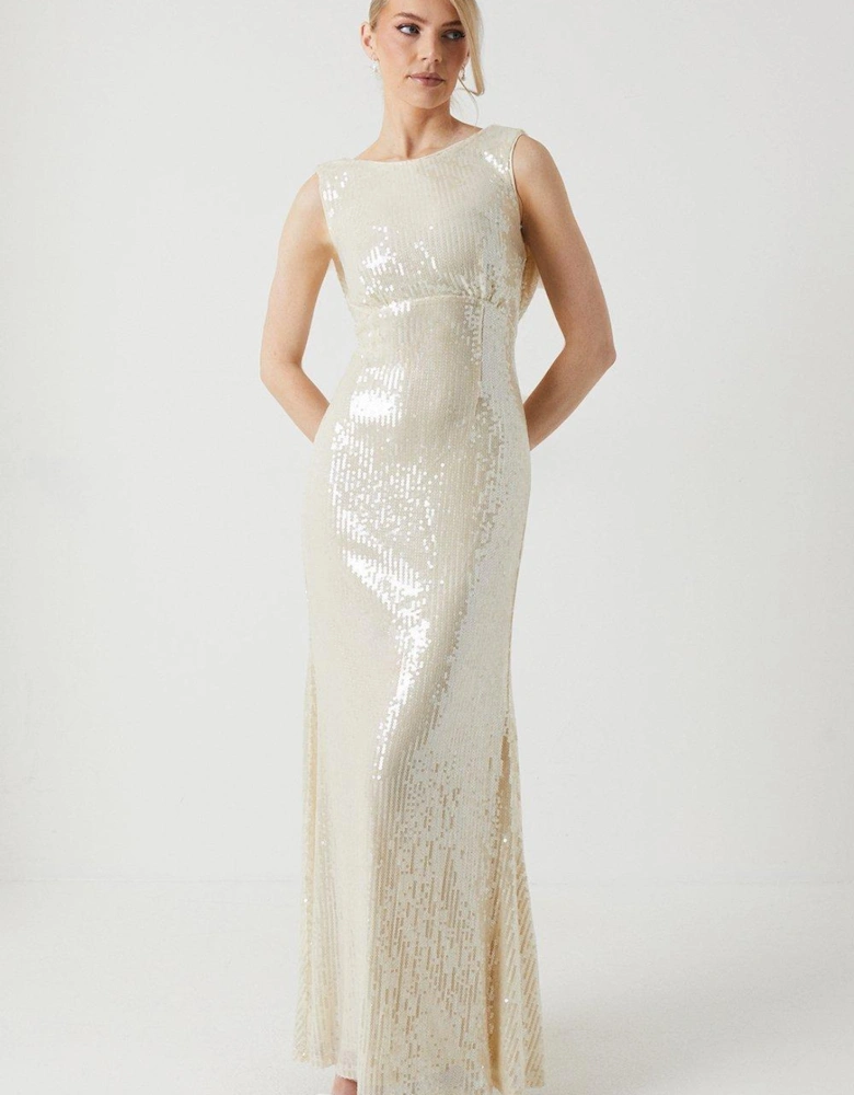 Sequin Cowl Back Wedding Dress