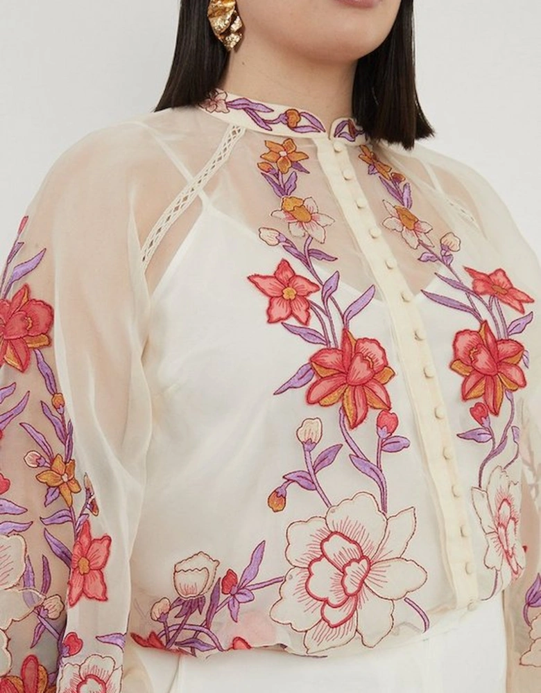 Plus Size Floral Placed Embroidery Organdie Woven Blouse