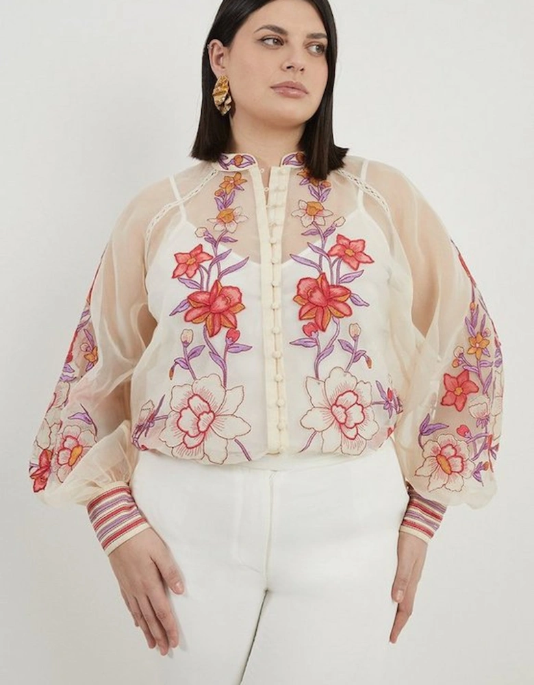 Plus Size Floral Placed Embroidery Organdie Woven Blouse