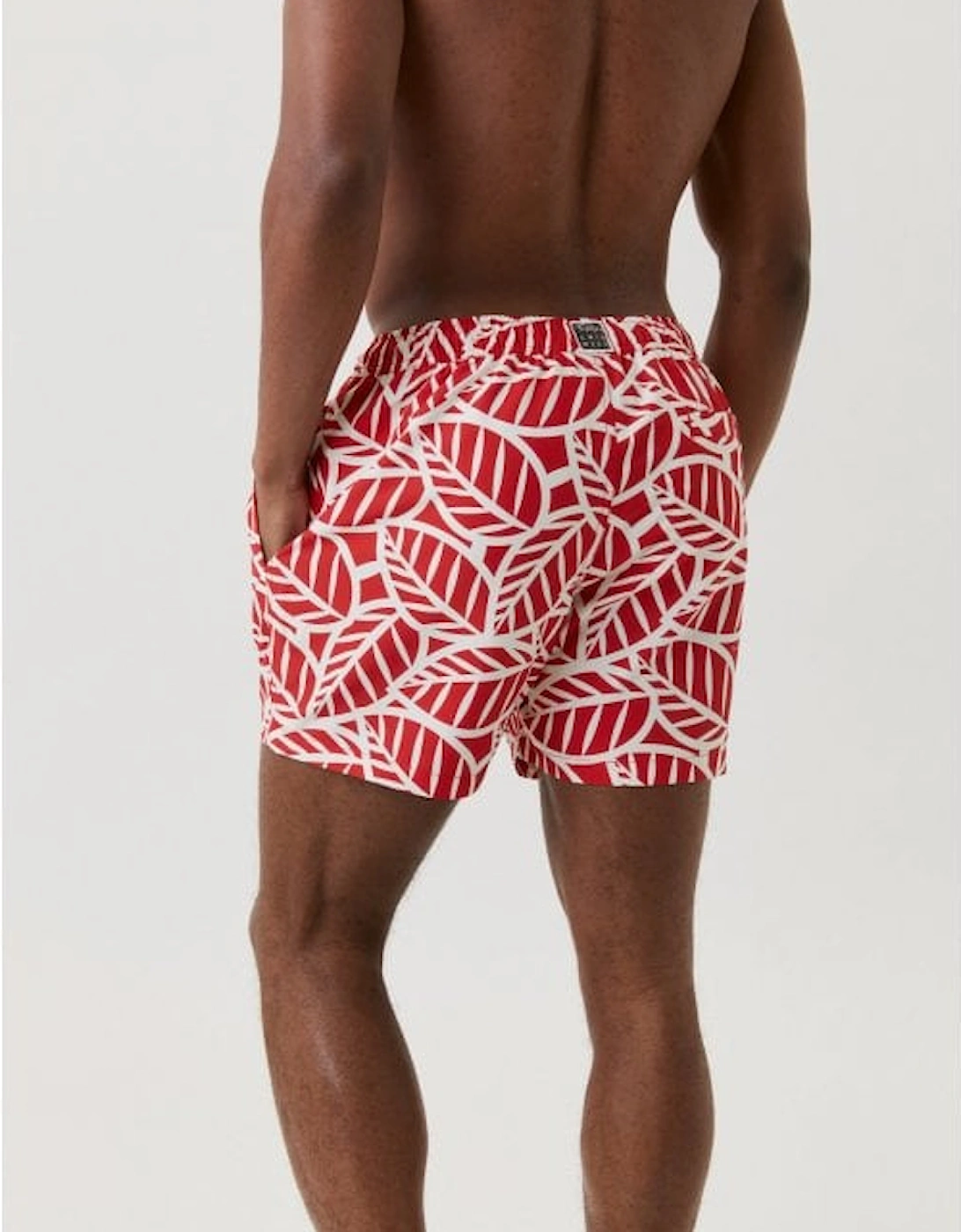 Abstract Leaf Print Swim Shorts, Red/white