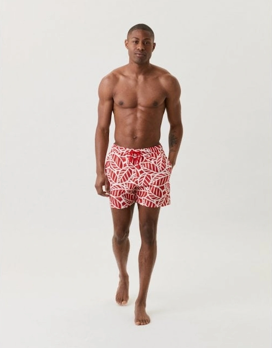 Abstract Leaf Print Swim Shorts, Red/white