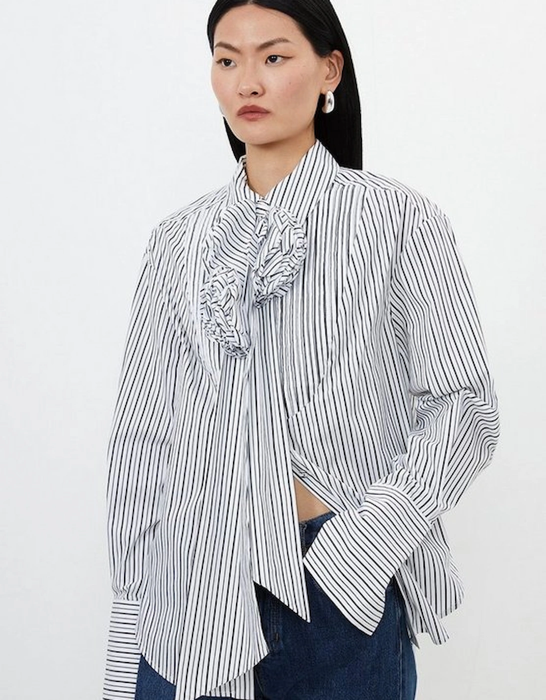 Striped Cotton Woven Shirt With Rosette