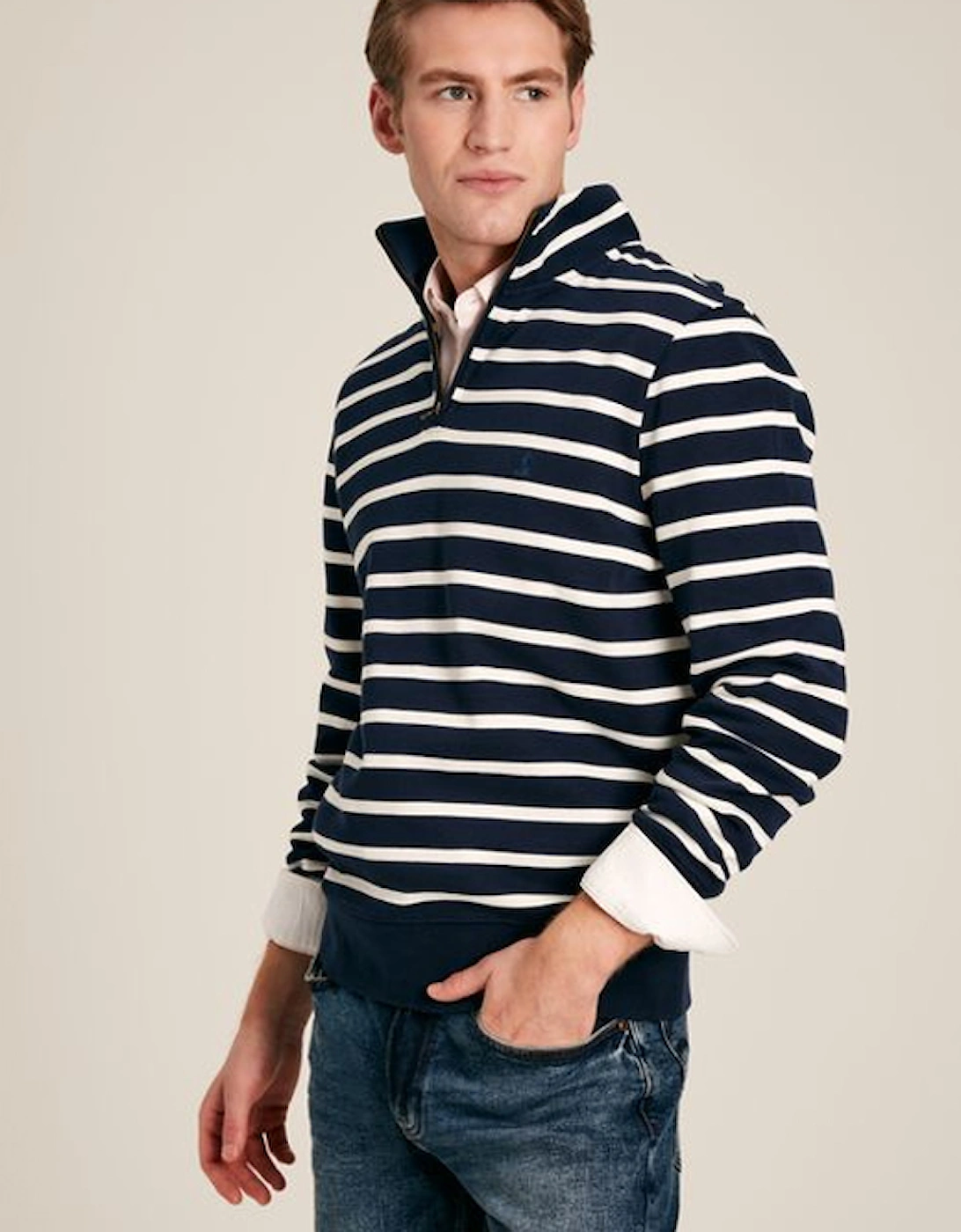 Men's Alistair Quarter Zip Cotton Sweatshirt Navy/White, 7 of 6