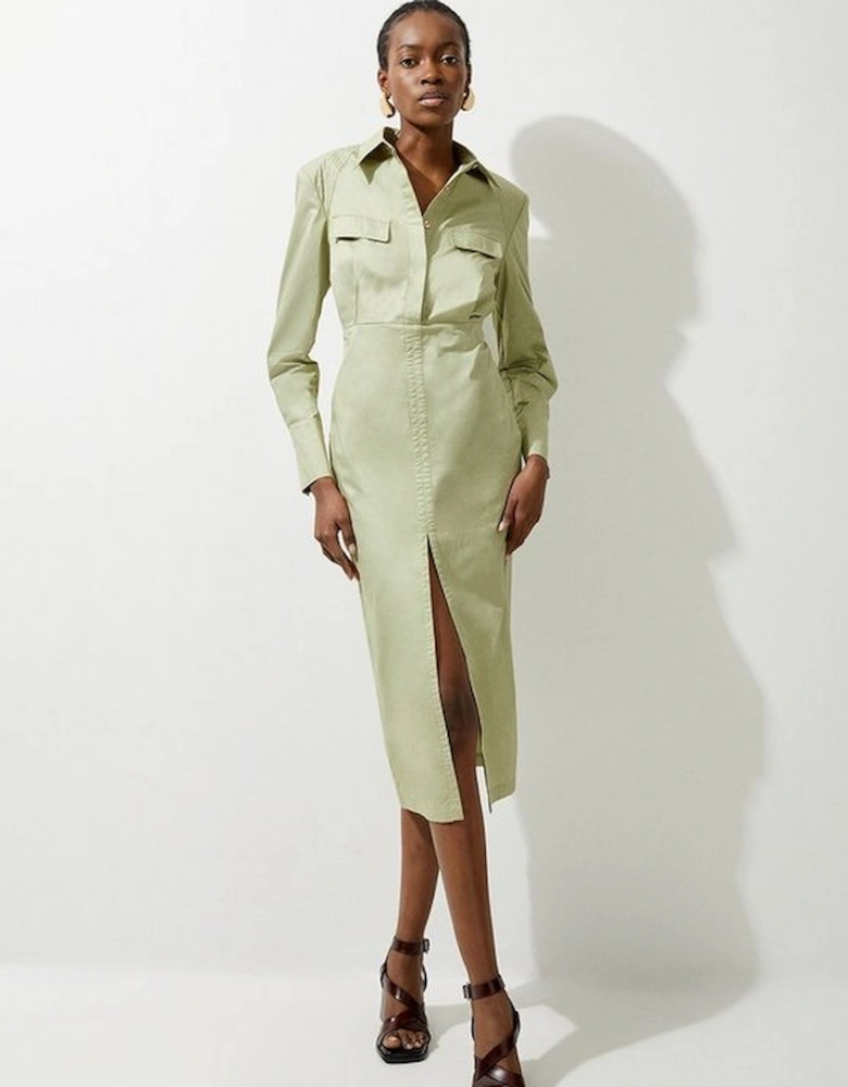 Cotton Sateen Woven Cargo Shirt Midi Dress