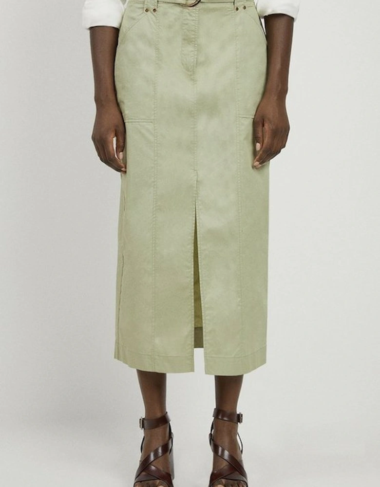 Cotton Sateen Woven Cargo Midi Skirt