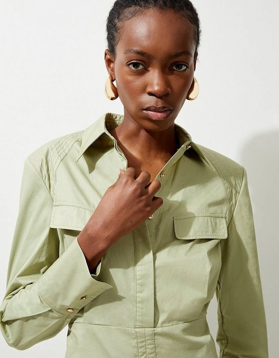 Cotton Sateen Woven Cargo Shirt Midi Dress