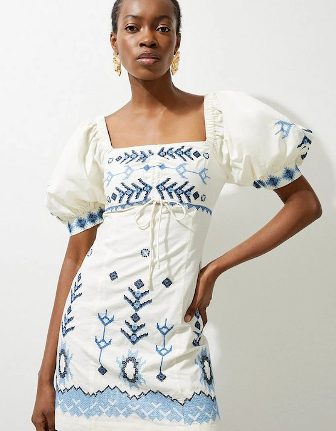 Cotton Embroidered Puff Sleeve Woven Mini Dress, 4 of 3