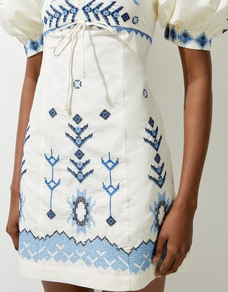 Cotton Embroidered Puff Sleeve Woven Mini Dress