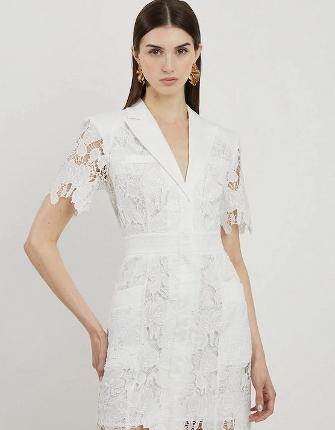 Lace And Embroidered Sharp Shoulder Woven Mini Shirt Dress, 5 of 4