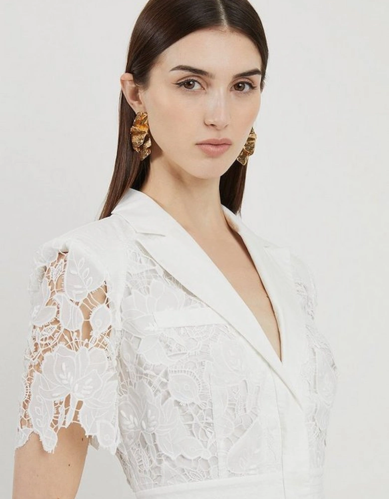 Lace And Embroidered Sharp Shoulder Woven Mini Shirt Dress