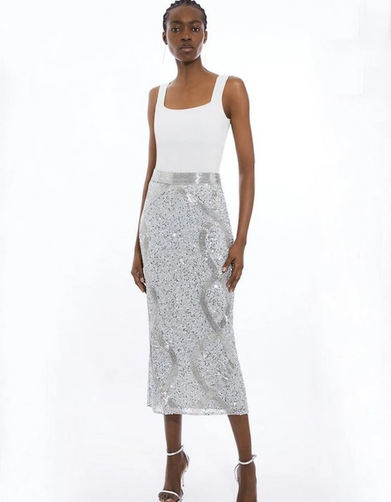 Beaded And Embellished Woven Pencil Skirt