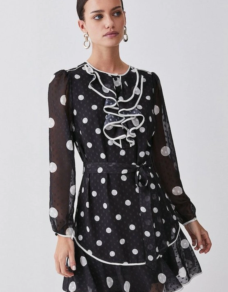 Tall Mono Mixed Dot Piped Ruffle Belted Mini Dress