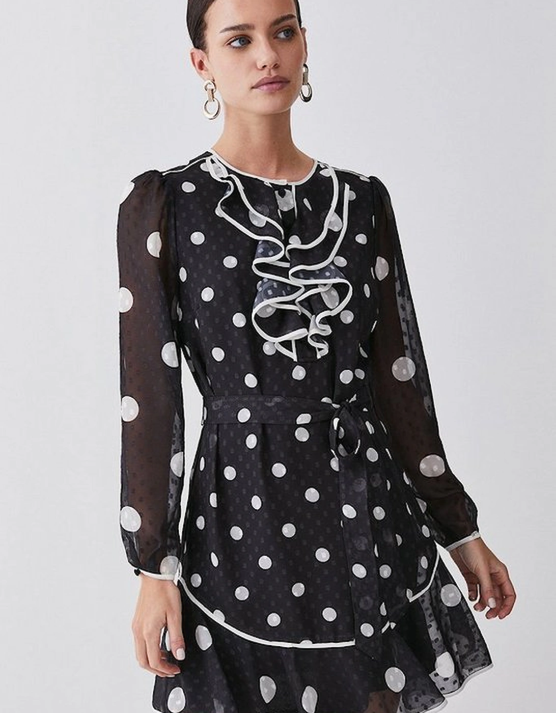 Tall Mono Mixed Dot Piped Ruffle Belted Mini Dress, 5 of 4