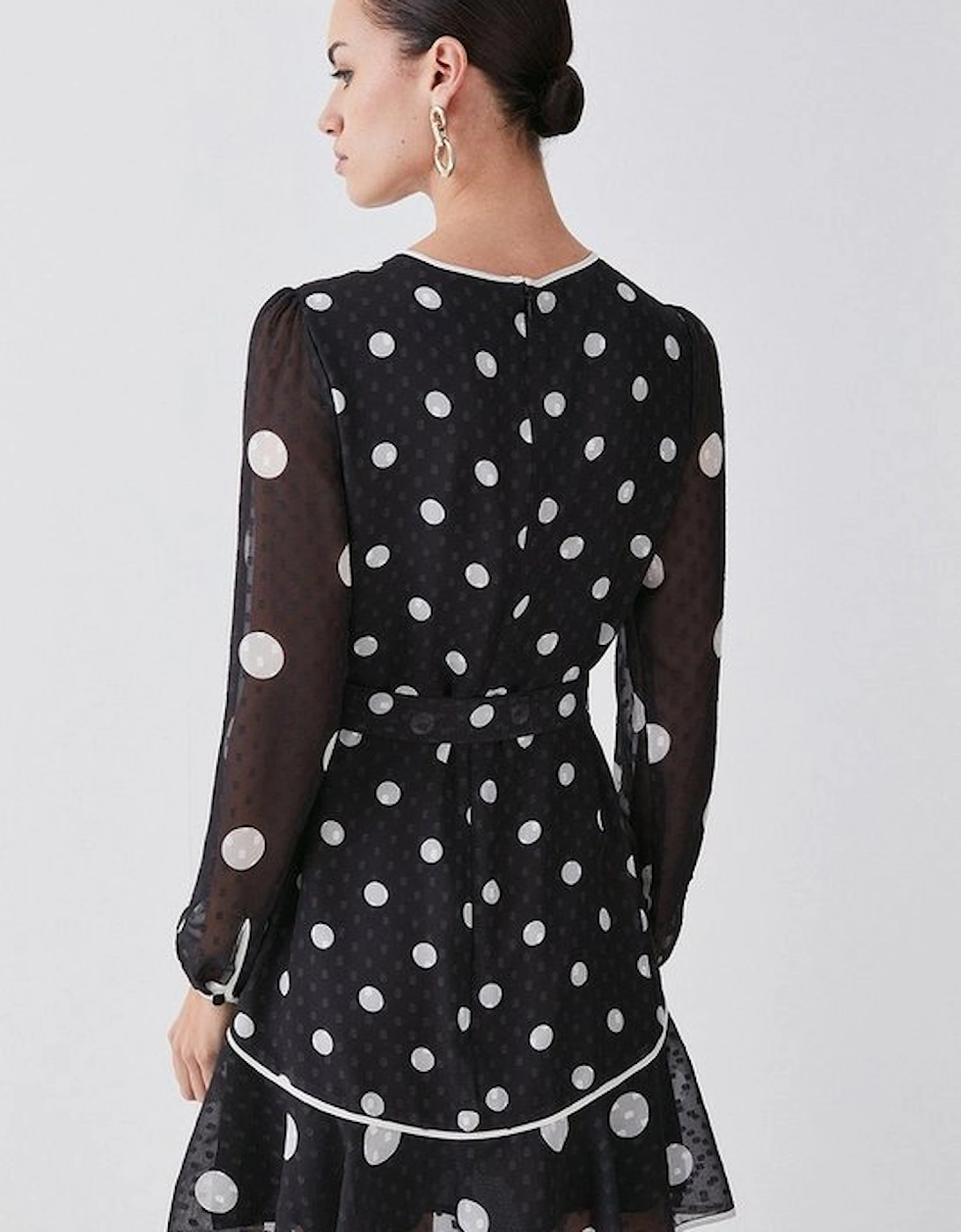Tall Mono Mixed Dot Piped Ruffle Belted Mini Dress