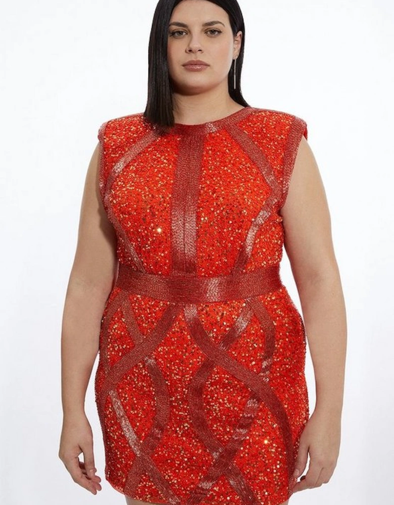 Plus Size Crystal Embellished Strong Shoulder Mini Dress