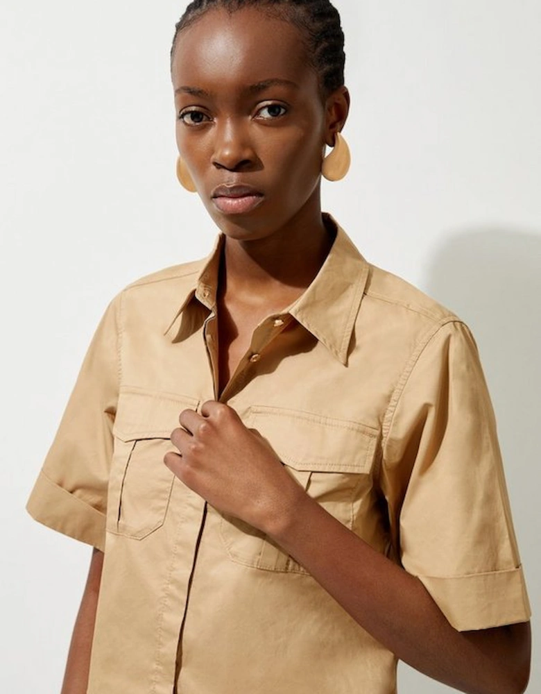 Cotton Sateen Woven Cargo Crop Shirt