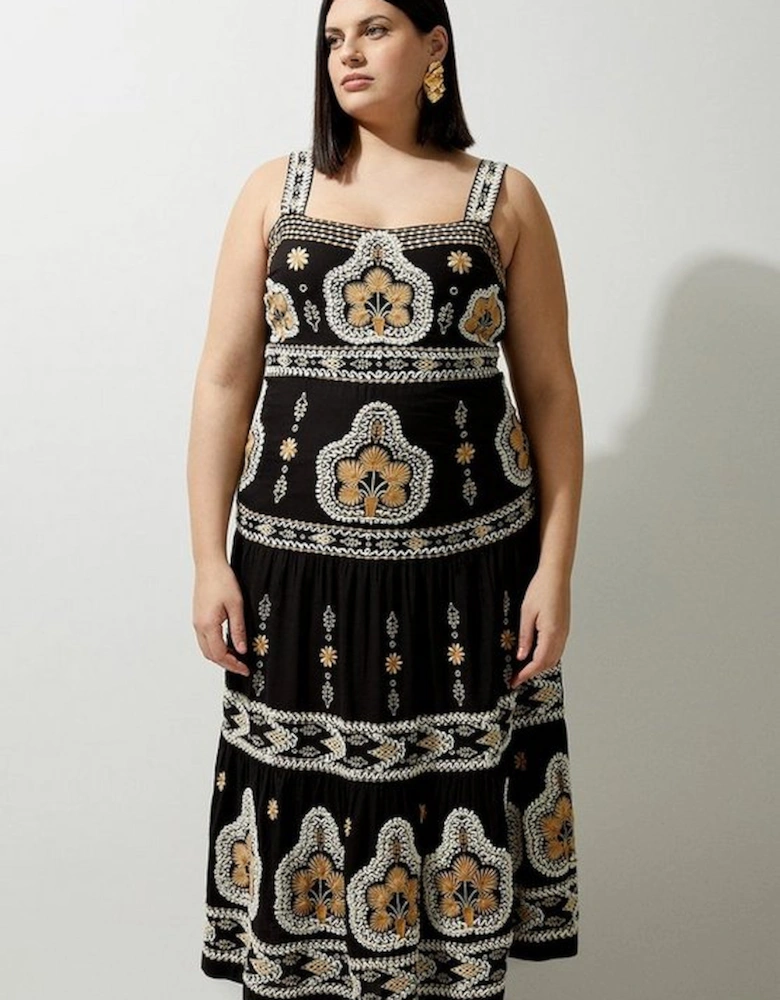 Plus Size Woven Embroidered Strappy Woven Midi Dress