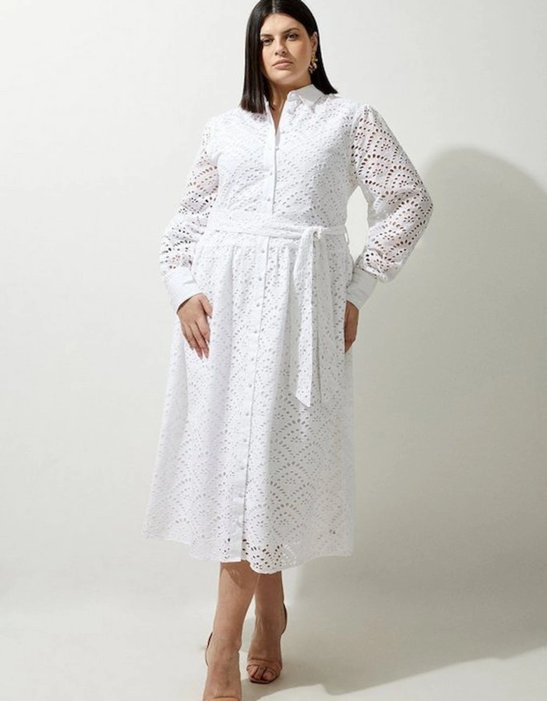 Plus Size Cotton Broderie Long Sleeve Woven Maxi Dress