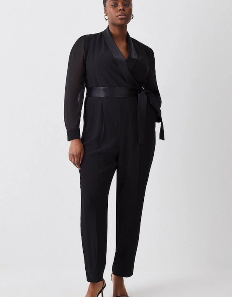 Plus Size Sheer Sleeve Tuxedo Wrap Jumpsuit