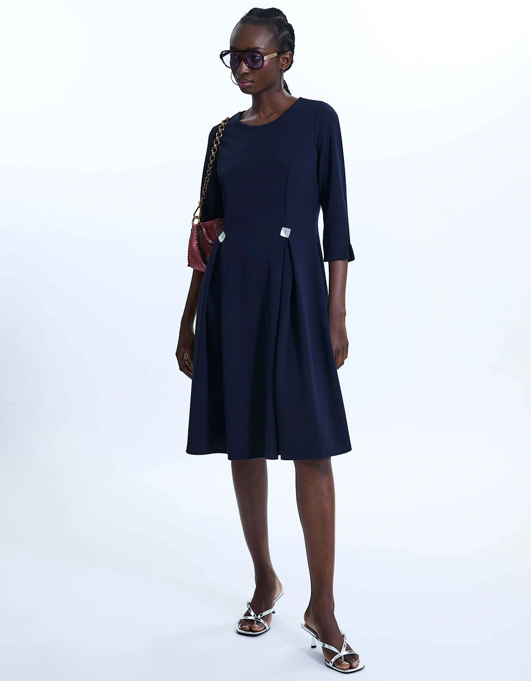 Pin Tuck Button Midi Dress Navy