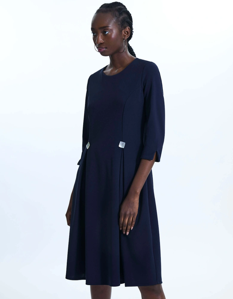 Pin Tuck Button Midi Dress Navy