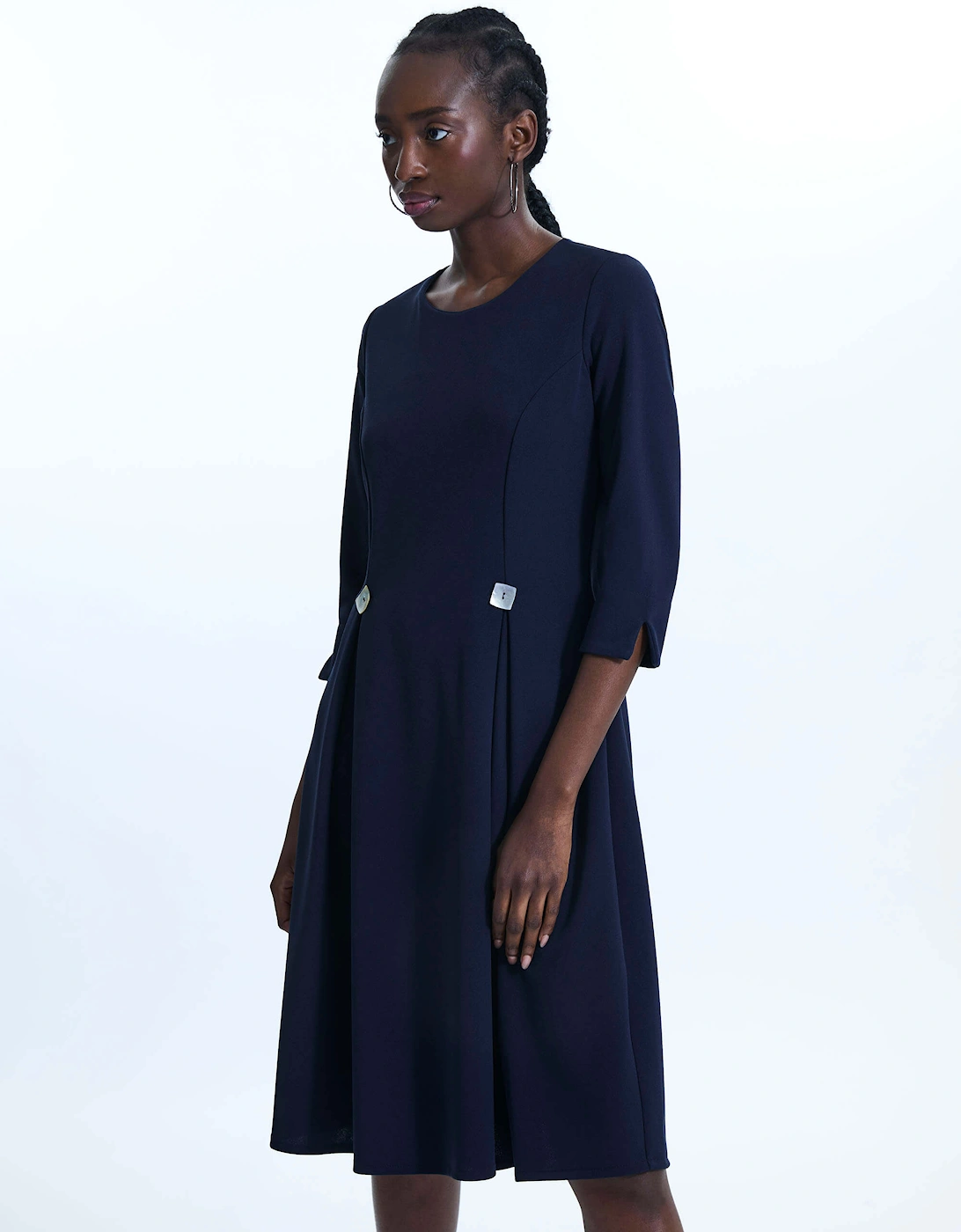 Pin Tuck Button Midi Dress Navy