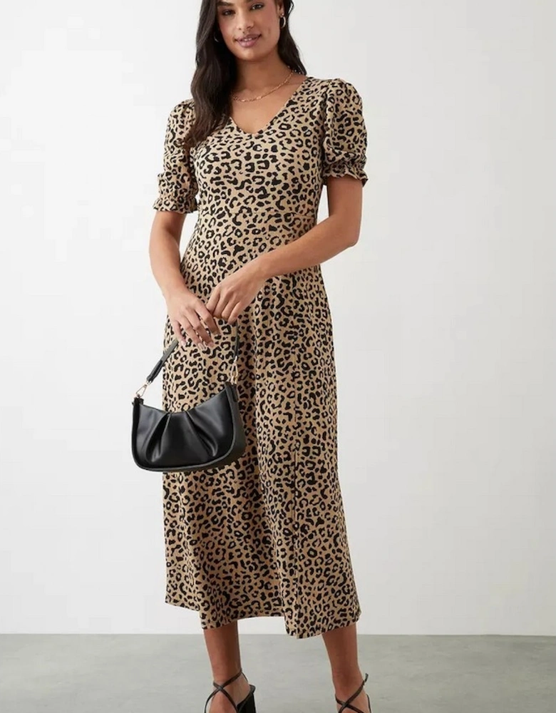 Womens/Ladies Leopard Print Short-Sleeved Midi Dress