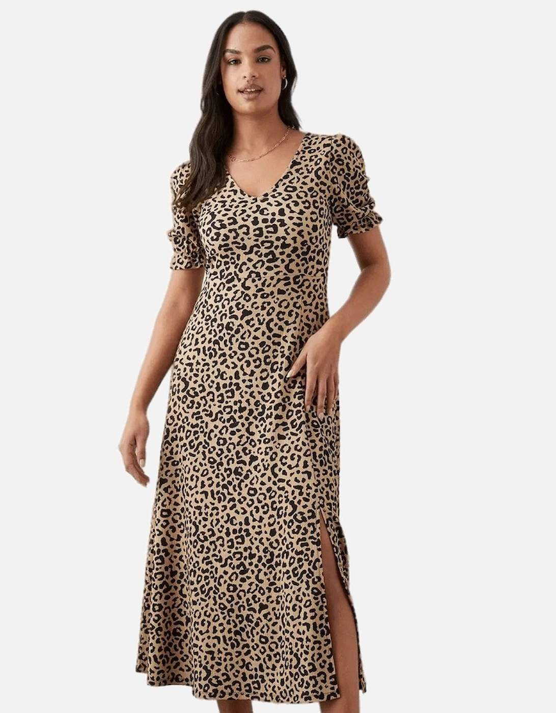 Womens/Ladies Leopard Print Short-Sleeved Midi Dress, 5 of 4