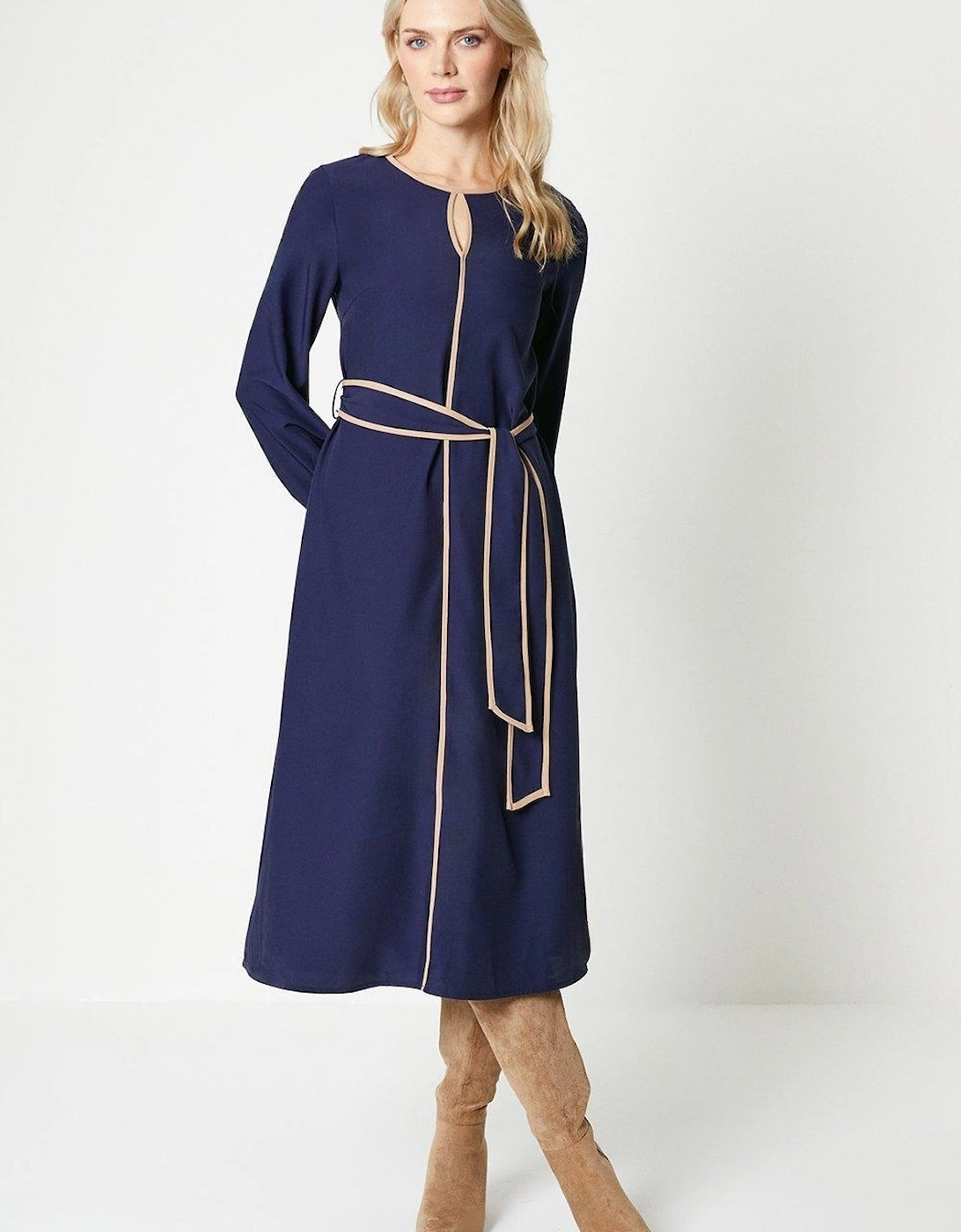 Womens/Ladies Premium Belted Contrast Piping Midi Dress, 2 of 1