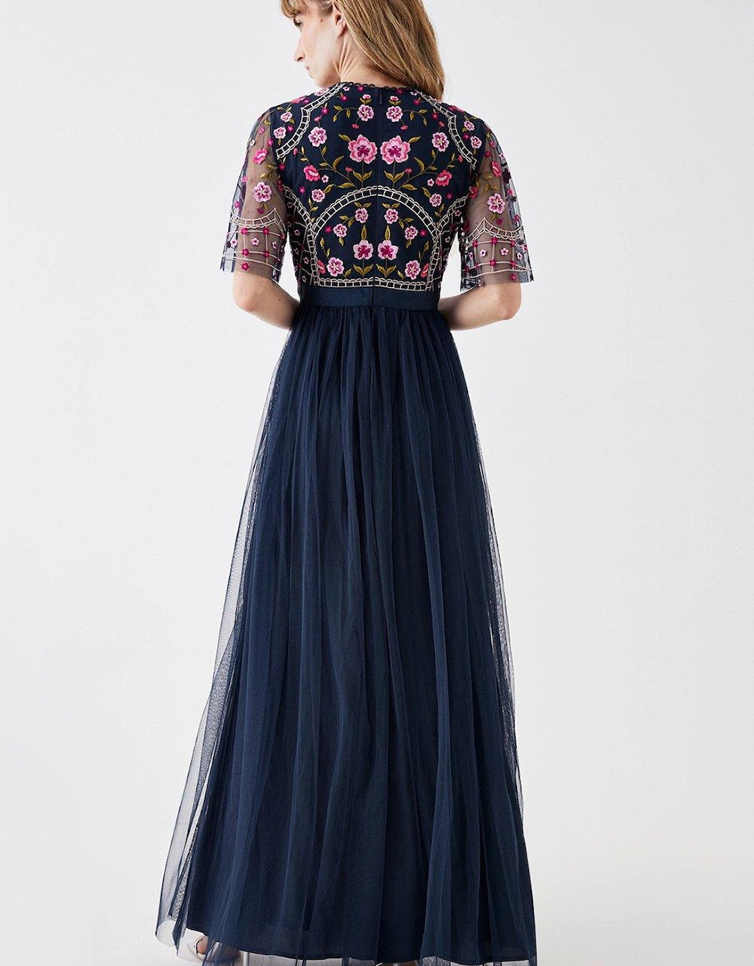 Embroidered Bodice Mesh Skirt Maxi Dress
