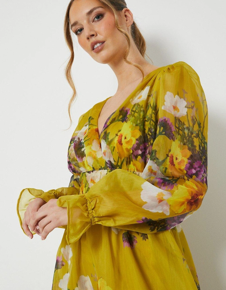 Printed Blouson Sleeve Organza Midi Dress