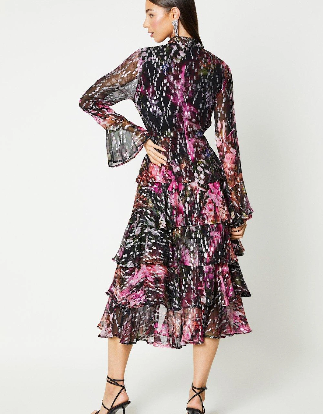 Metallic Tiered Skirt Wrap Front Midi Dress