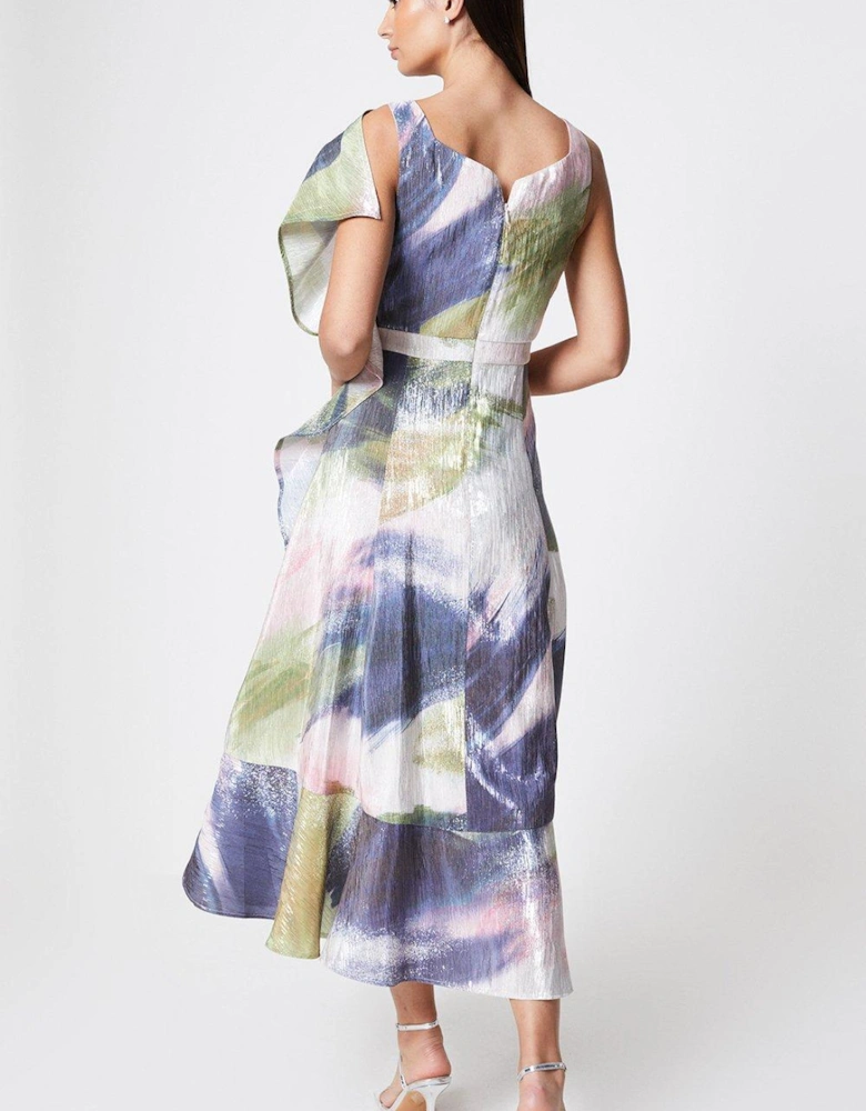 One Shoulder Satin Jacquard Midi Dress