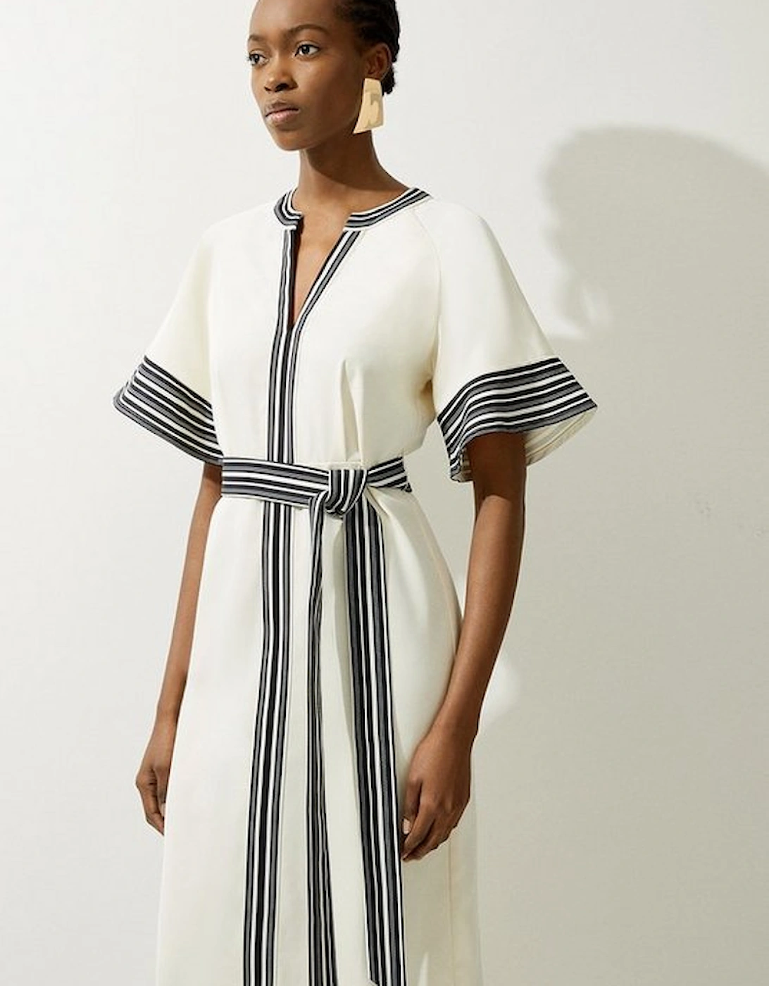 Tall Contrast Stripe Mono Twill Woven Belted Midi Dress