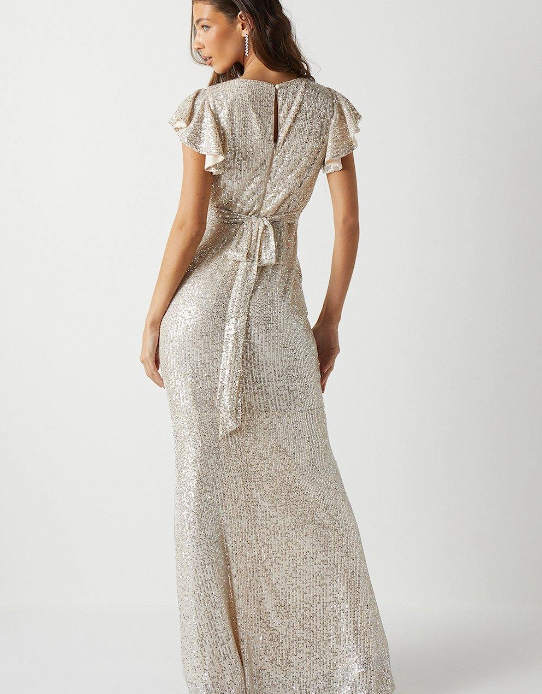 V Neck Angel Sleeve Sequin Maxi Bridesmaids Dress