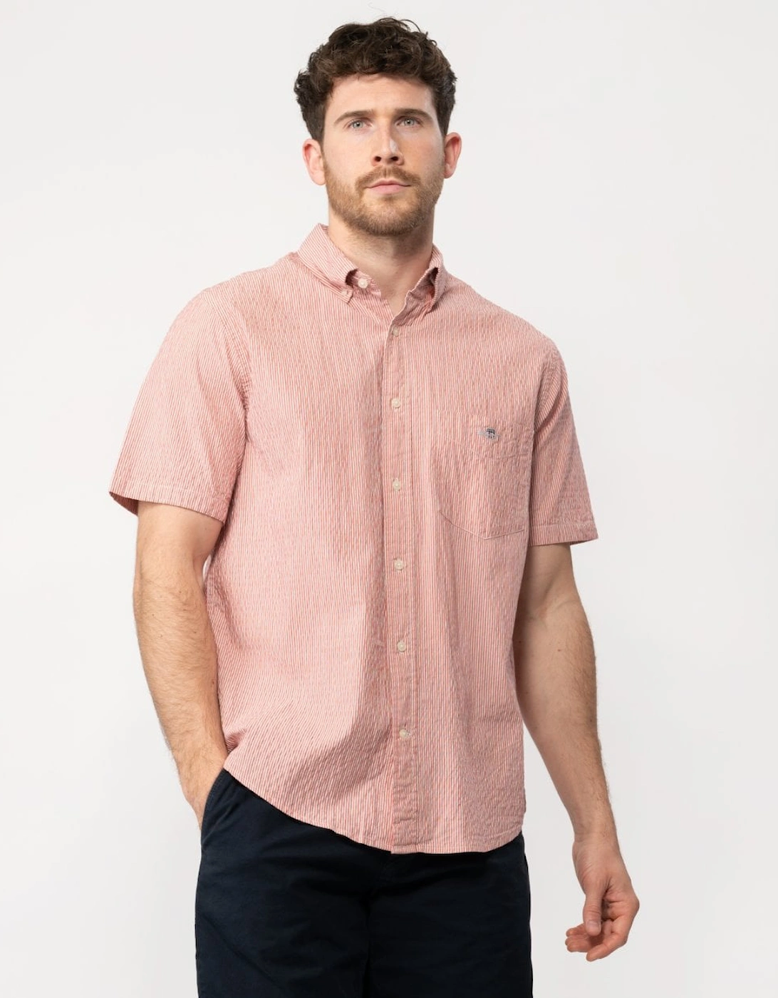 Mens Regular Seersucker Stripe Short Sleeve Shirt, 5 of 4