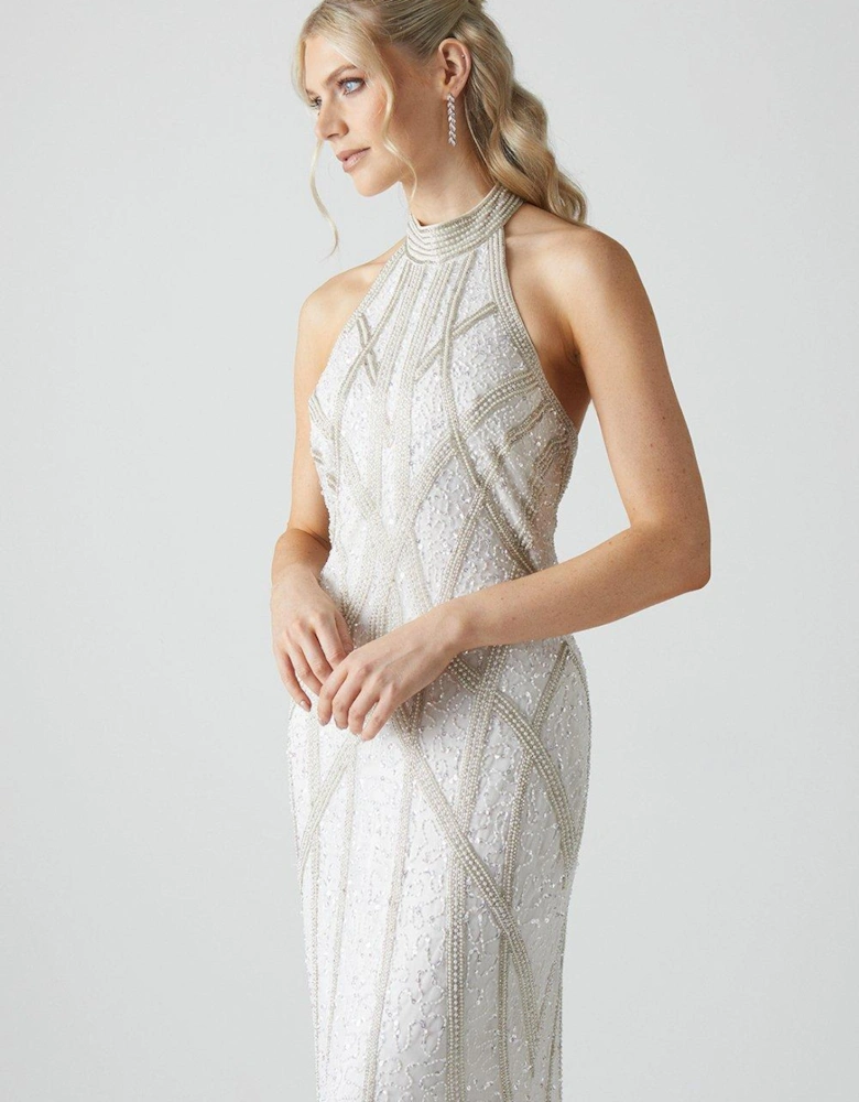 Halterneck Contour Pearl Embellished Fishtail Wedding Dress
