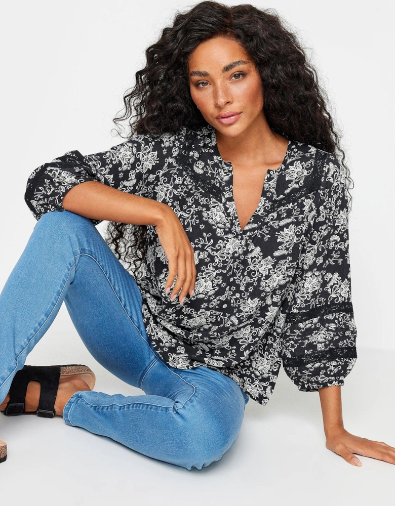 Petite Navy And White Damask Print Top