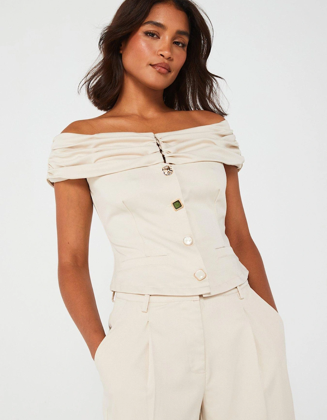 Bardot Ruched Top - Cream, 2 of 1